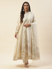 Resham Booti Embroidered Cotton Anarkali Kurta With Churidar & Dupatta