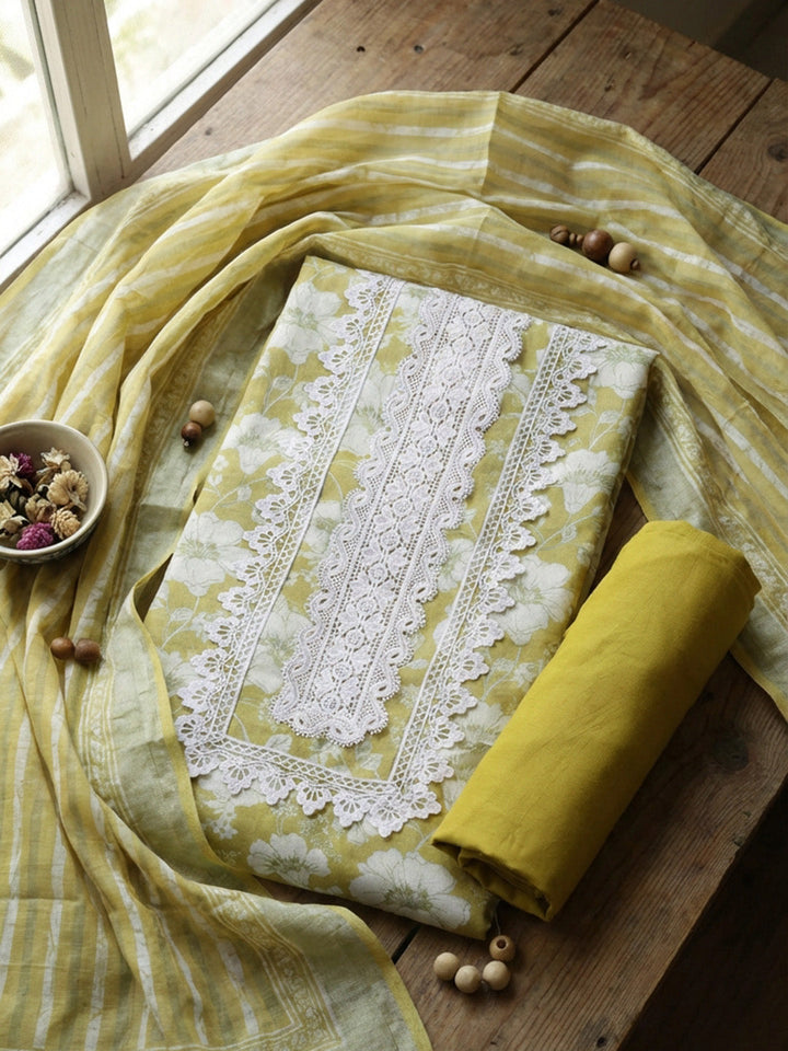 Embroidered Linen Blend Unstitched Suit With Pant &amp; Dupatta