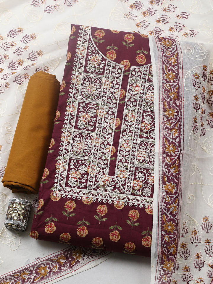 Printed Cotton Blend Unstitched Suit With Pant &amp; Dupatta