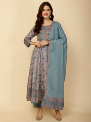 Floral Block Printed Anarkali Kurta With Pants & Dupatta