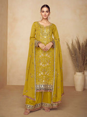Embroidered Chinnon Kurta With Plazzo & Dupatta