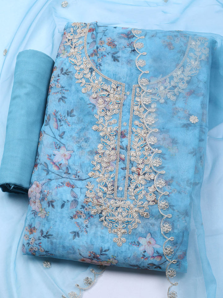 Neck Embroidered Organza Unstitched Suit With Dupatta