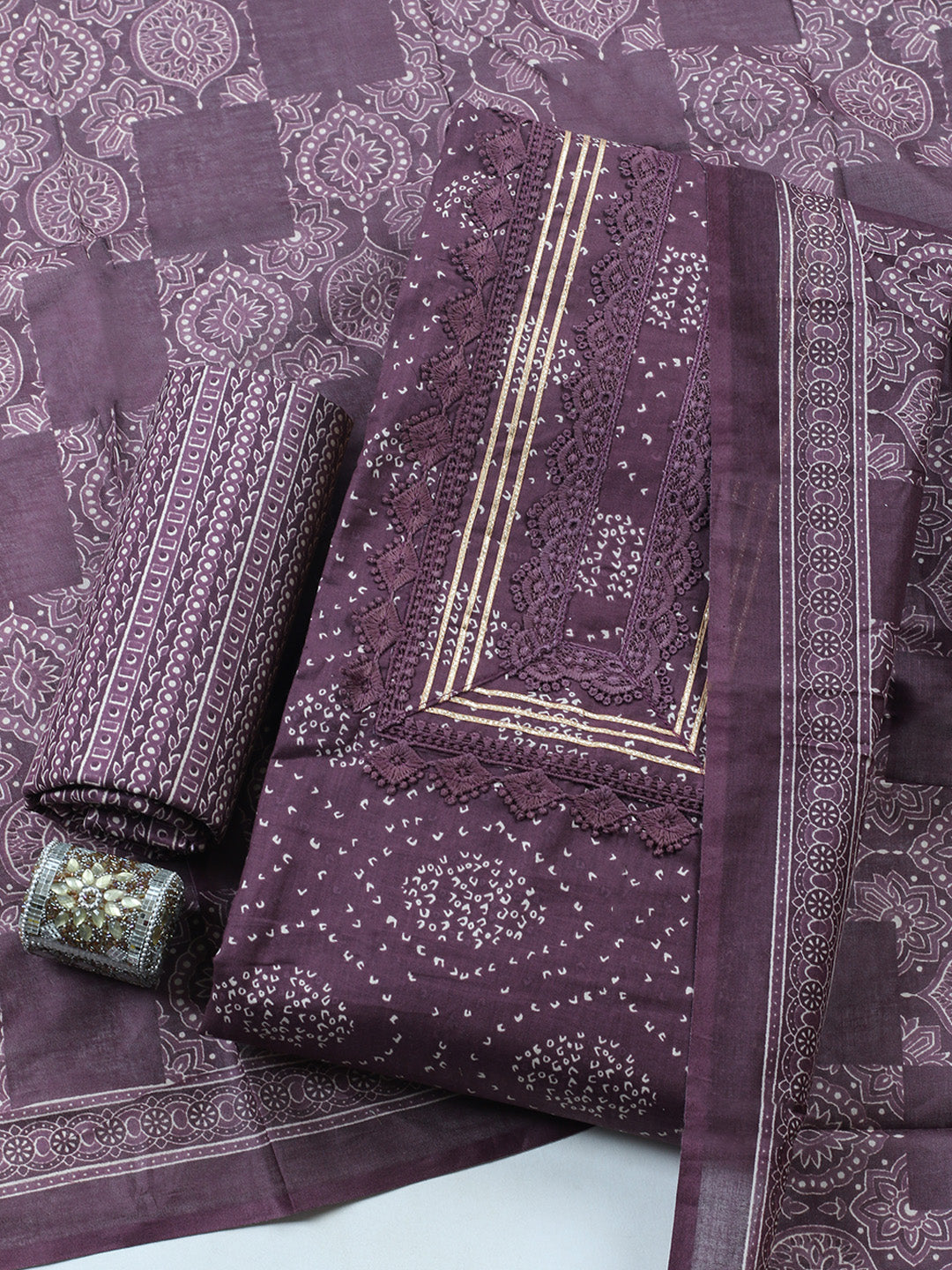 Printed Cotton Blend Unstitched Suit With Pant &amp; Dupatta