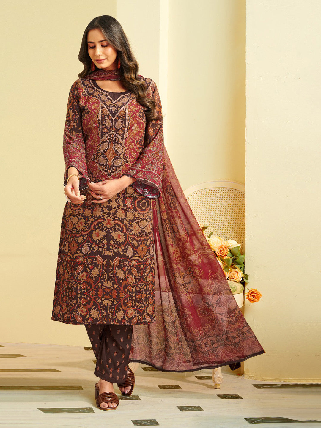 Printed Crepe Unstitched Suit With Pant &amp; Dupatta
