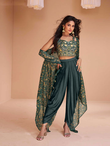 Embroidered Crop Top Art Silk Sleeveless Dhoti Blouse Jacket