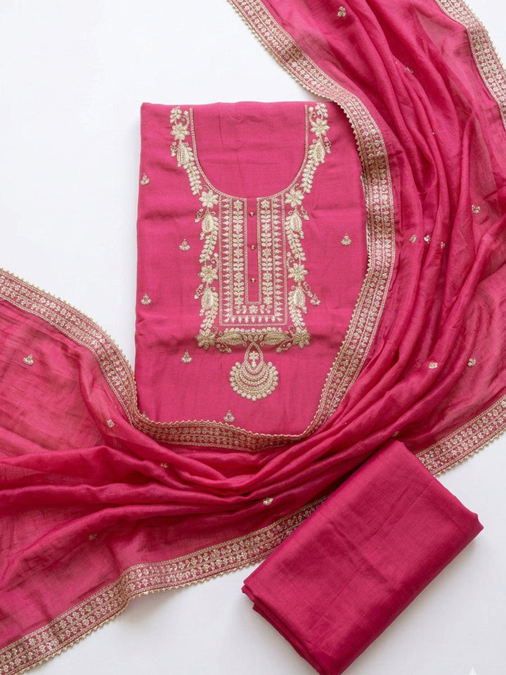 Embroidered Cotton Blend Unstitched Suit With Pant &amp; Dupatta