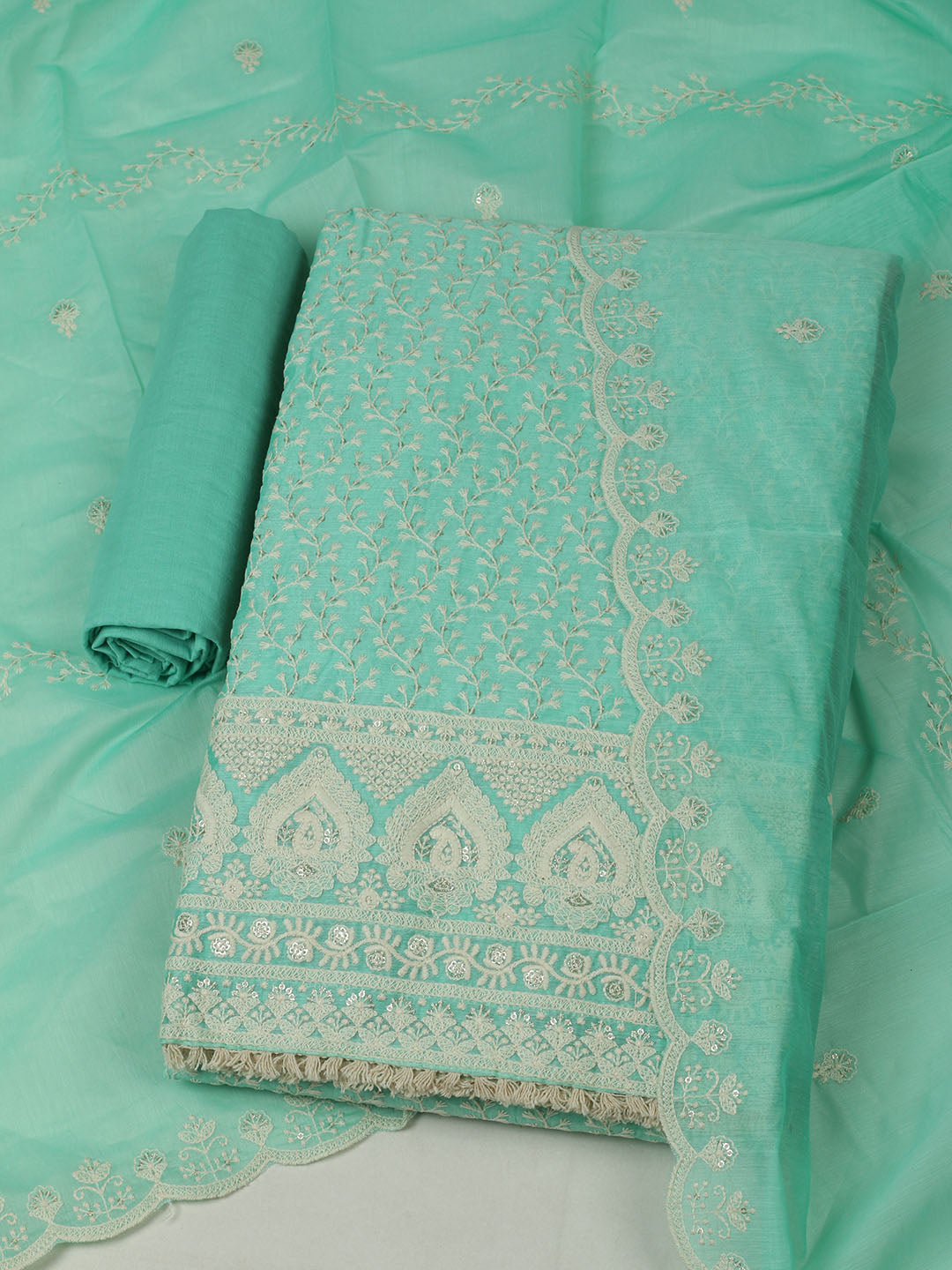 Embroidered Chanderi Unstitched Suit With Pant &amp; Dupatta