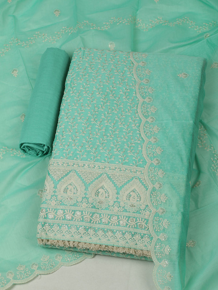 Embroidered Chanderi Unstitched Suit With Pant &amp; Dupatta
