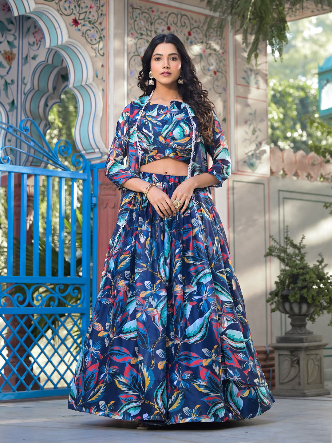 Floral Printed Georgette Choli With Skirt & Jacket