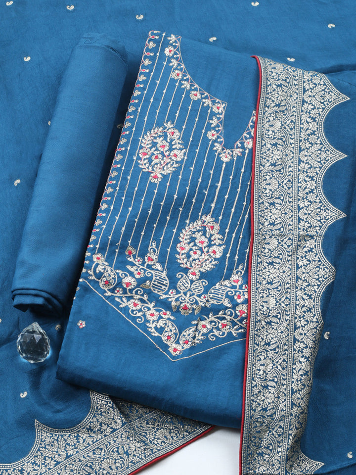 Embroidered Chanderi Unstitched Suit With Pant &amp; Dupatta