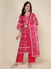 Printed Cotton Blend Kurta With Pants & Dupatta