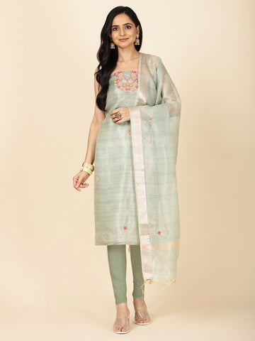 Neck Embroidered Cotton Unstitched Suit Piece With Dupatta