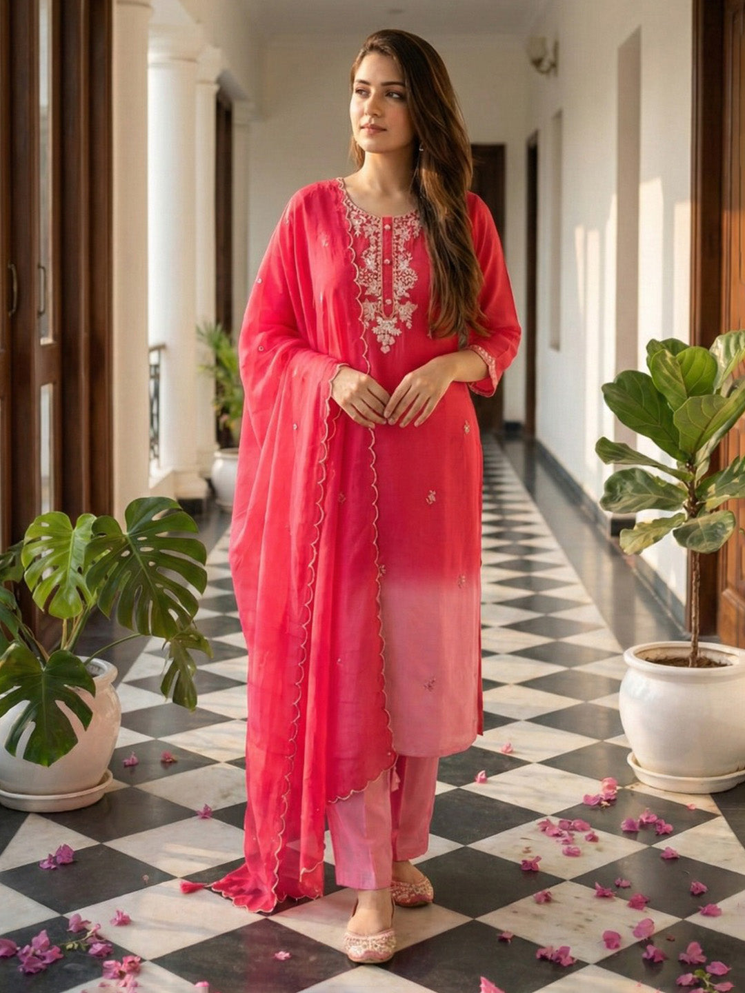 Embroidered Cotton Blend Kurta With Pant &amp; Dupatta