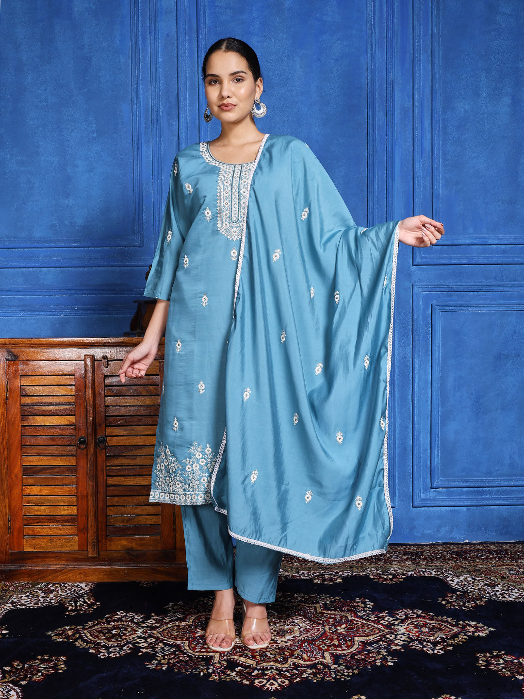 Printed Cotton Blend Kurta With Pants & Dupatta