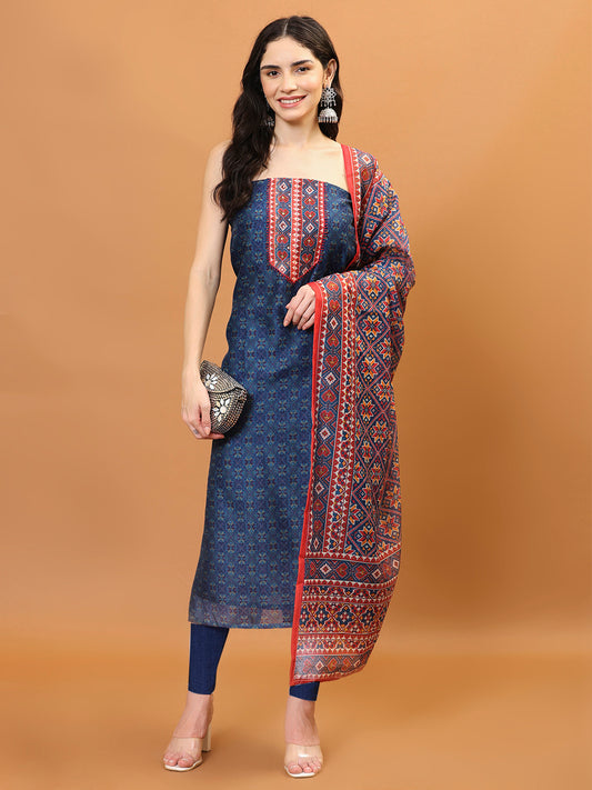 Printed Chanderi Unstitched Suit Piece With Dupatta