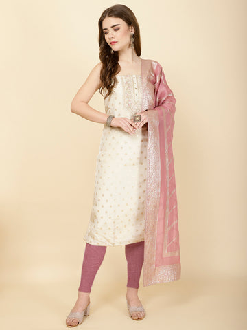 Neck Embroidered Chanderi Unstitched Suit Piece With Dupatta