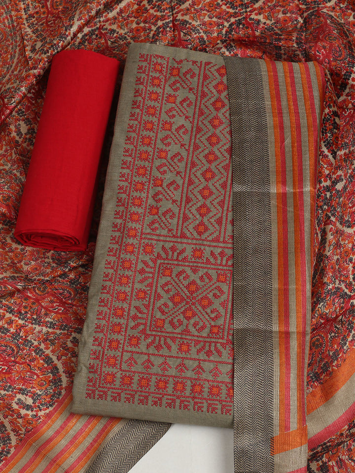 Embroidered Chanderi Unstitched Suit With Pant &amp; Dupatta