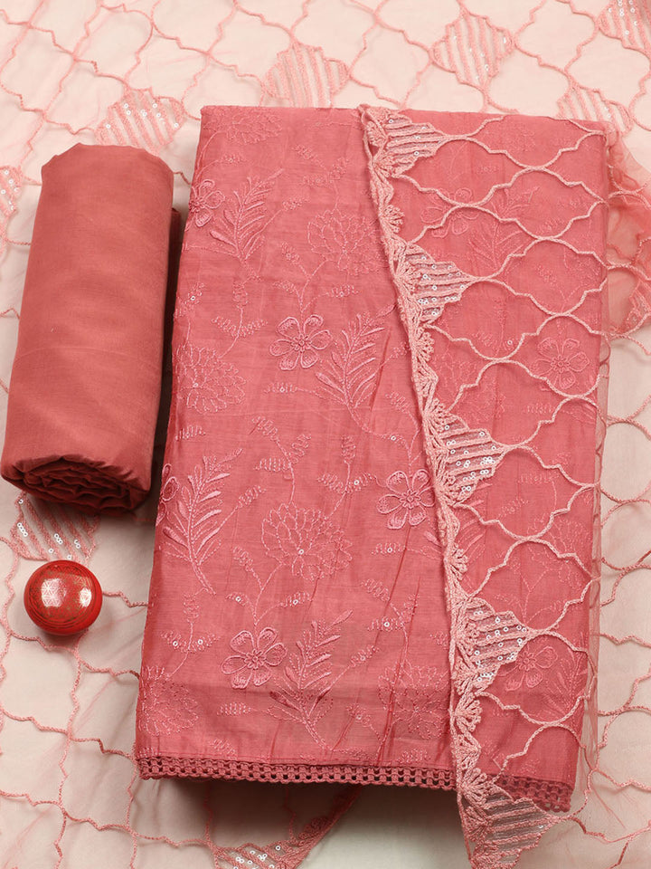Embroidered Chanderi Unstitched Suit With Pant &amp; Dupatta