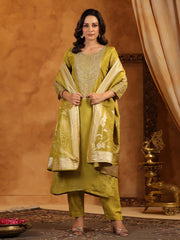 Neck Zari Embroidery Tissue Kurta With Pants & Dupatta