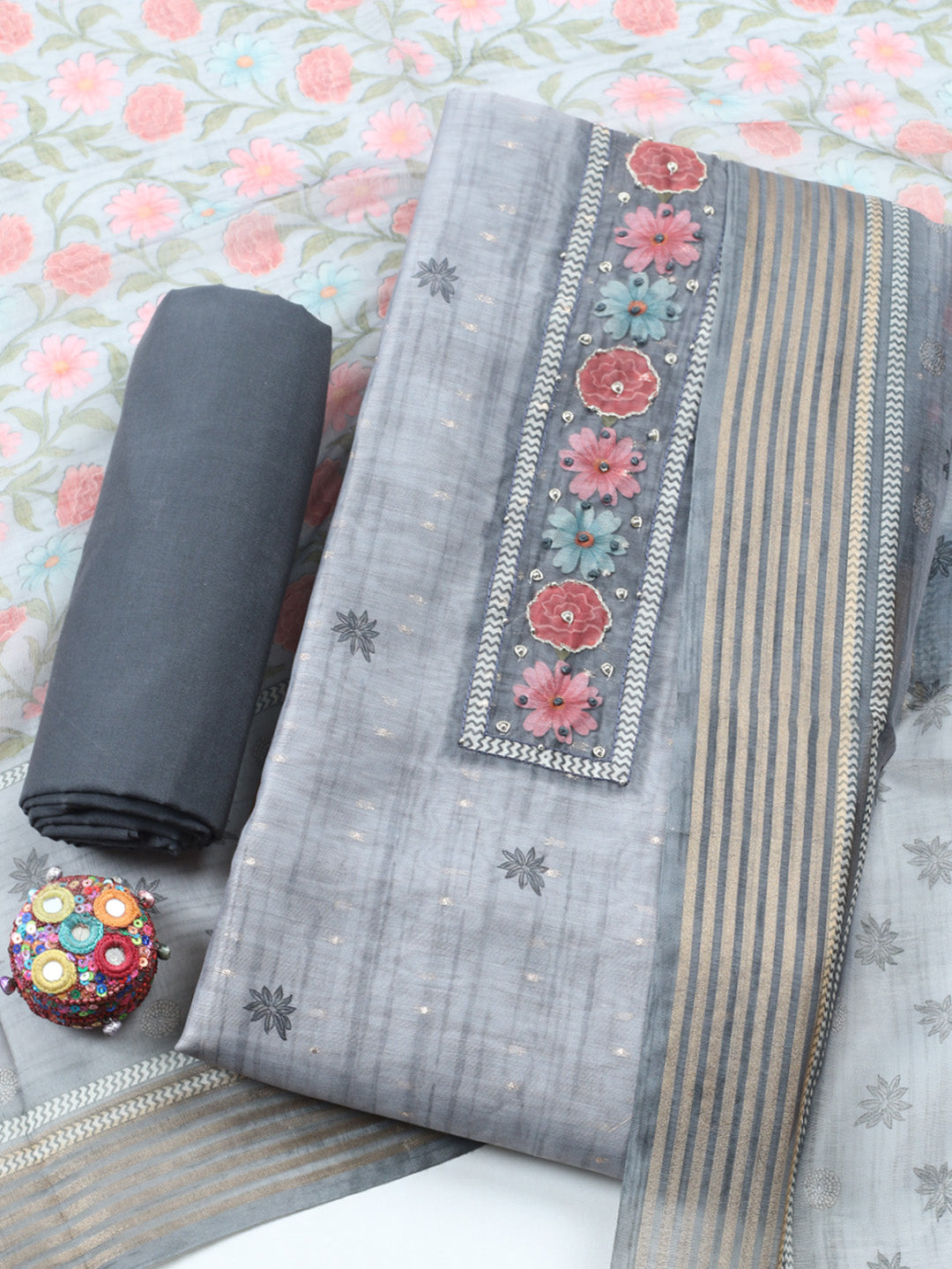 Embroidered Cotton Blend Unstitched Suit With Pant &amp; Dupatta