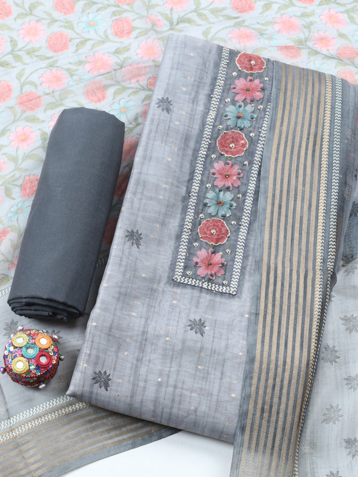 Embroidered Cotton Blend Unstitched Suit With Pant &amp; Dupatta