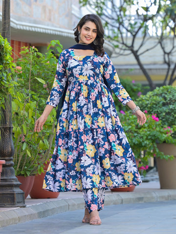 Floral Printed Cotton Kurta With Pants & Dupatta