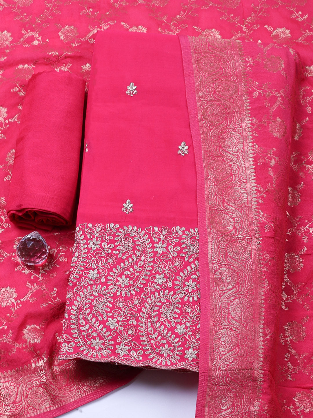Woven Design Chanderi Unstitched Suit With Pant &amp; Dupatta