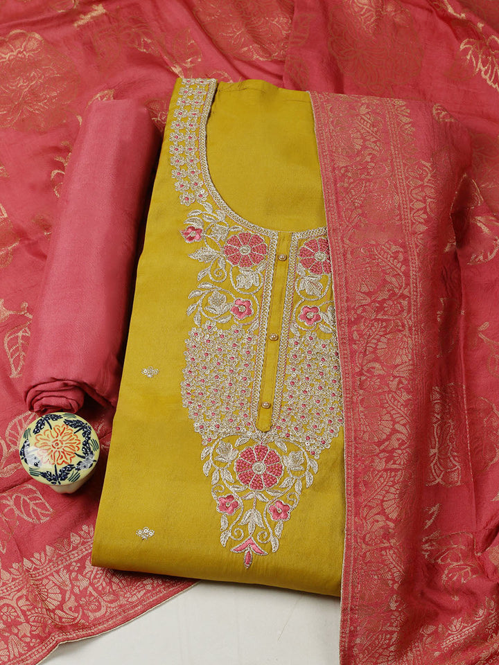 Embroidered Chanderi Unstitched Suit With Pant &amp; Dupatta