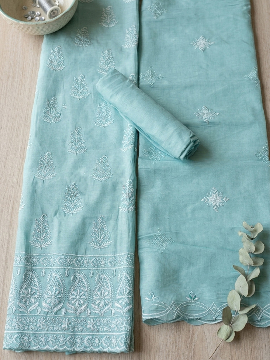 Embroidered Chanderi Unstitched Suit With Pant &amp; Dupatta