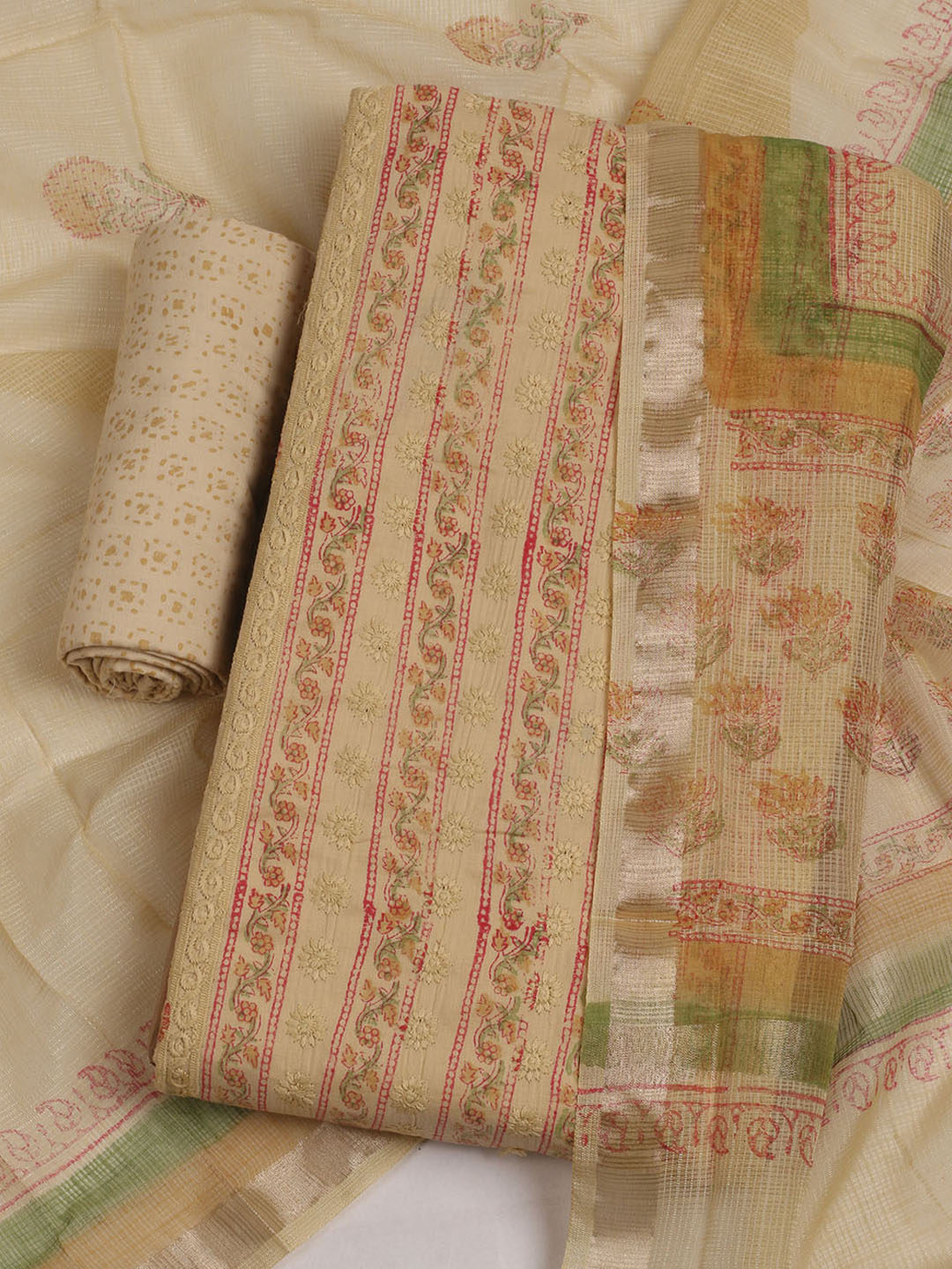 Printed Cotton Unstitched Suits Printed Suit With Pant &amp; Dupatta