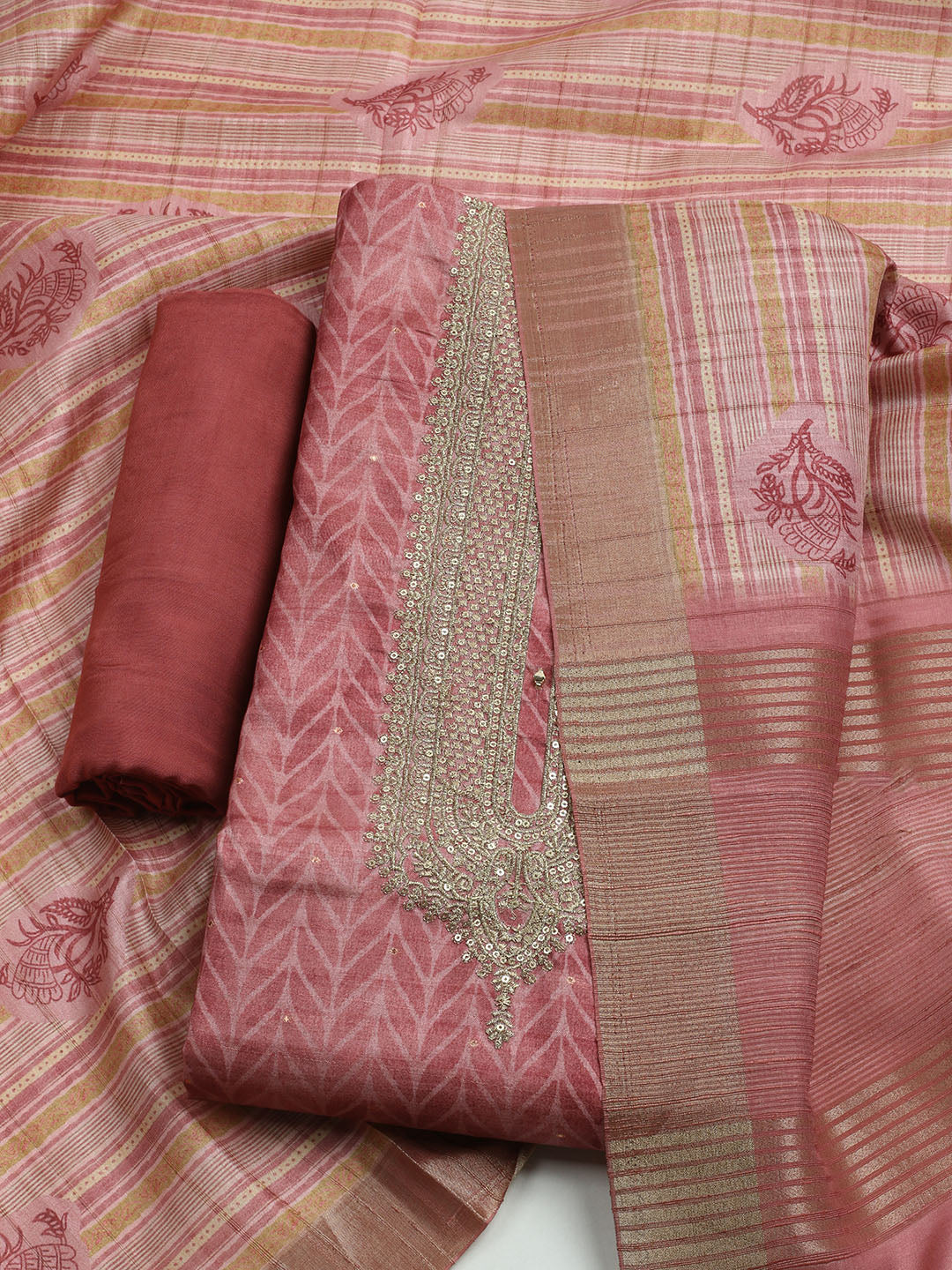Embroidered Tussar Unstitched Kurta With Pant & Dupatta