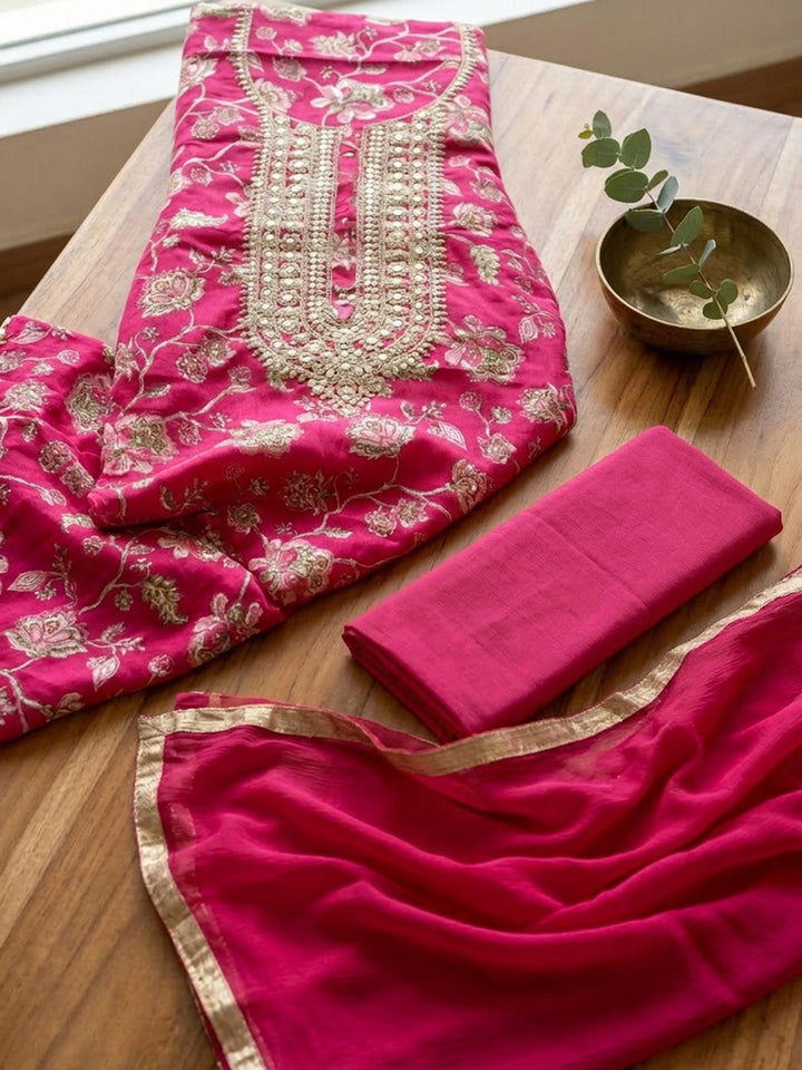 Embroidered Cotton Blend Unstitched Suit With Pant &amp; Dupatta
