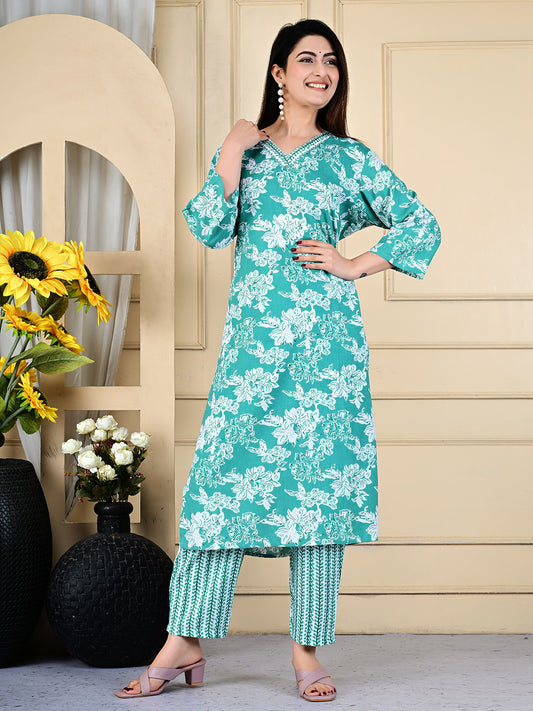 Printed Cotton Blend Kurta With Pants