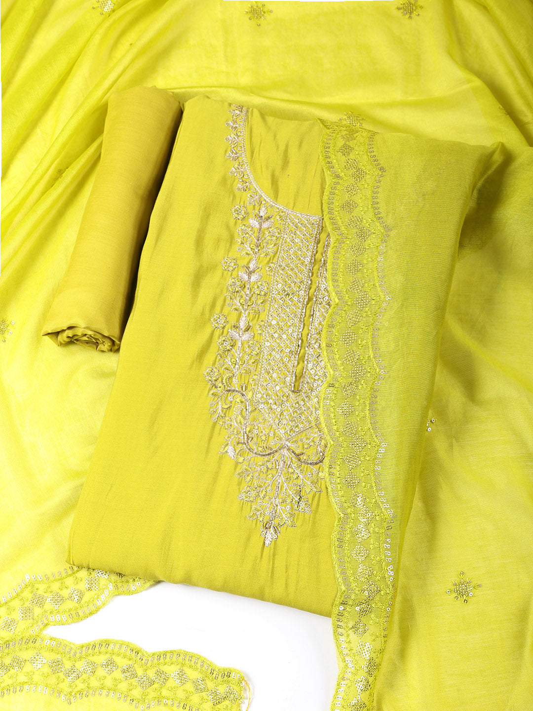 Neck Embroidered Chanderi Unstitched Suit With Dupatta