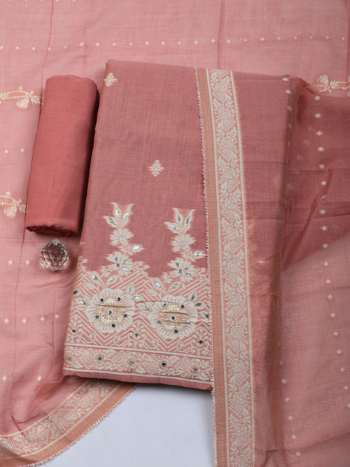 Embroidered Linen Blend Unstitched Suit With Pant &amp; Dupatta