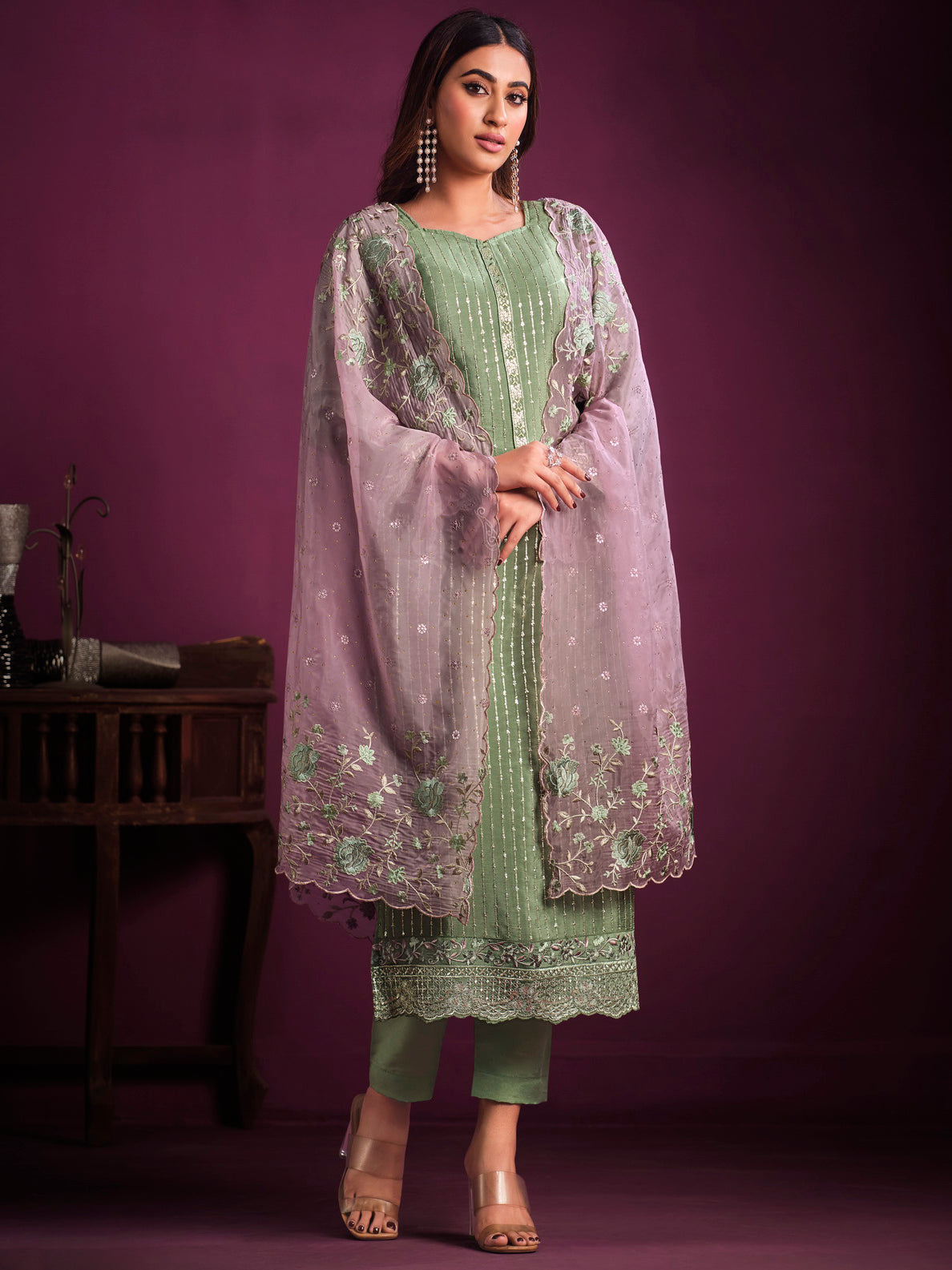 Sequin Embroidered Chinnon Unstitched Suit Piece With Dupatta