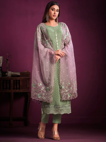 Sequin Embroidered Chinnon Unstitched Suit Piece With Dupatta