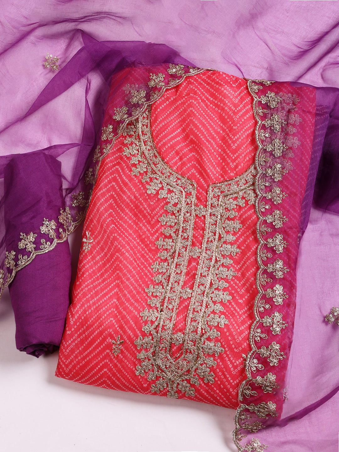 Neck Embroidered Organza Unstitched Suit With Dupatta