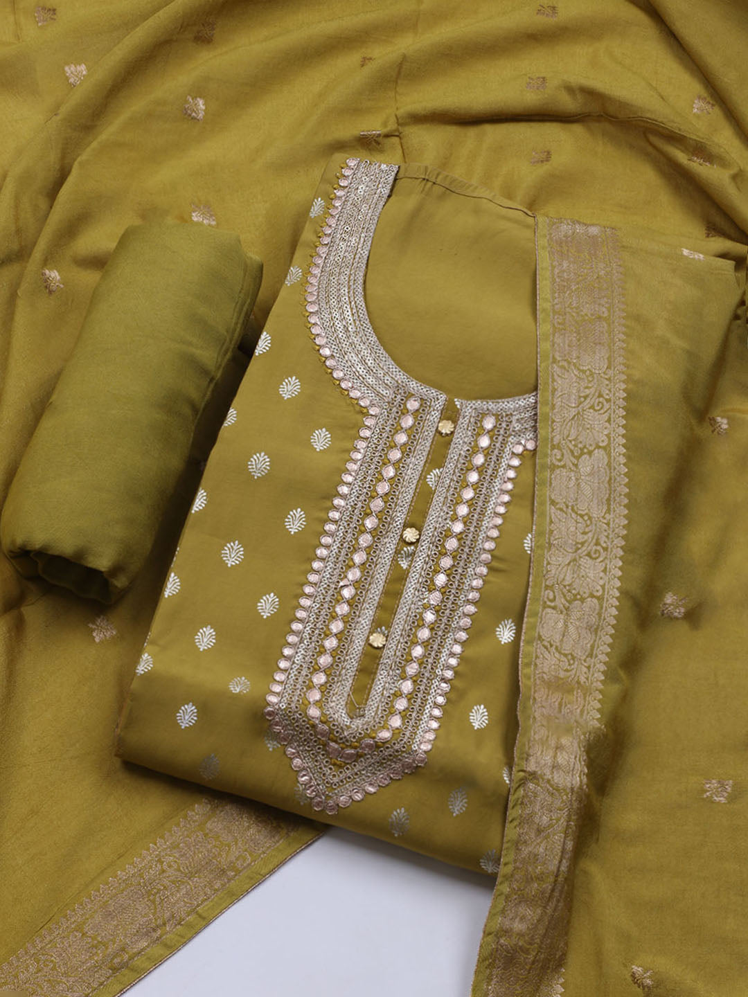 Neck Embroidered Chanderi Unstitched Suit With Dupatta