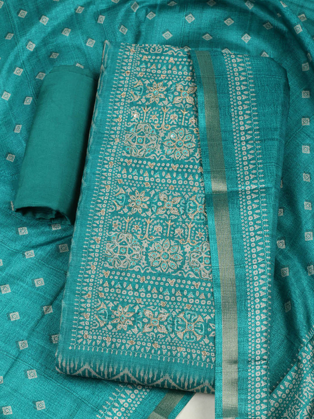 Printed Tussar Unstitched Suit With Pant &amp; Dupatta