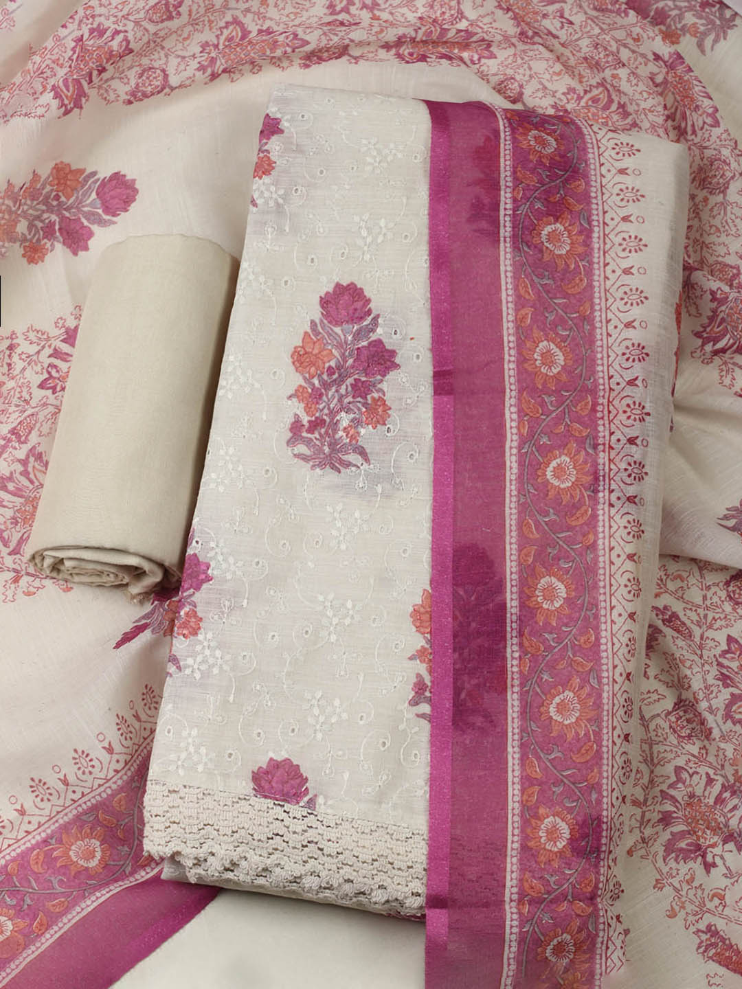 Embroidered Cotton Blend Unstitched Suit With Pant &amp; Dupatta