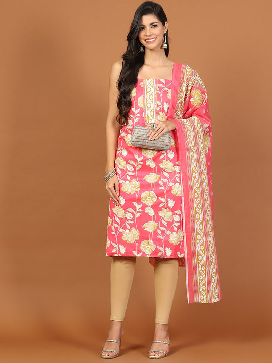 Printed Cotton Blend Unstitched Suit With Dupatta