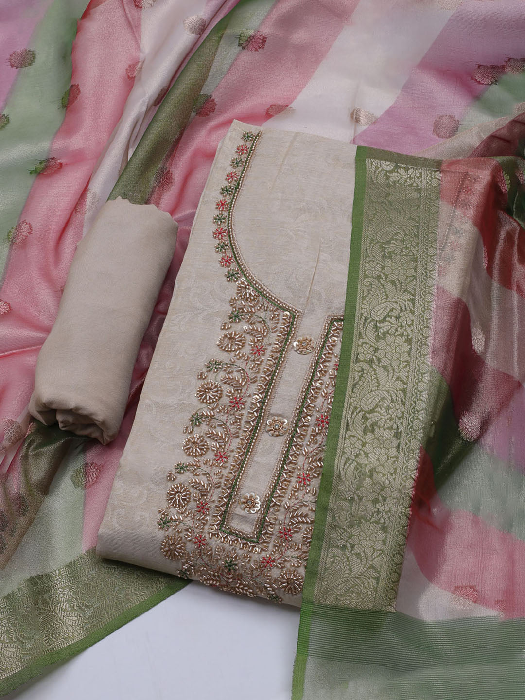 Neck Embroidered Tissue Unstitched Suit With Dupatta