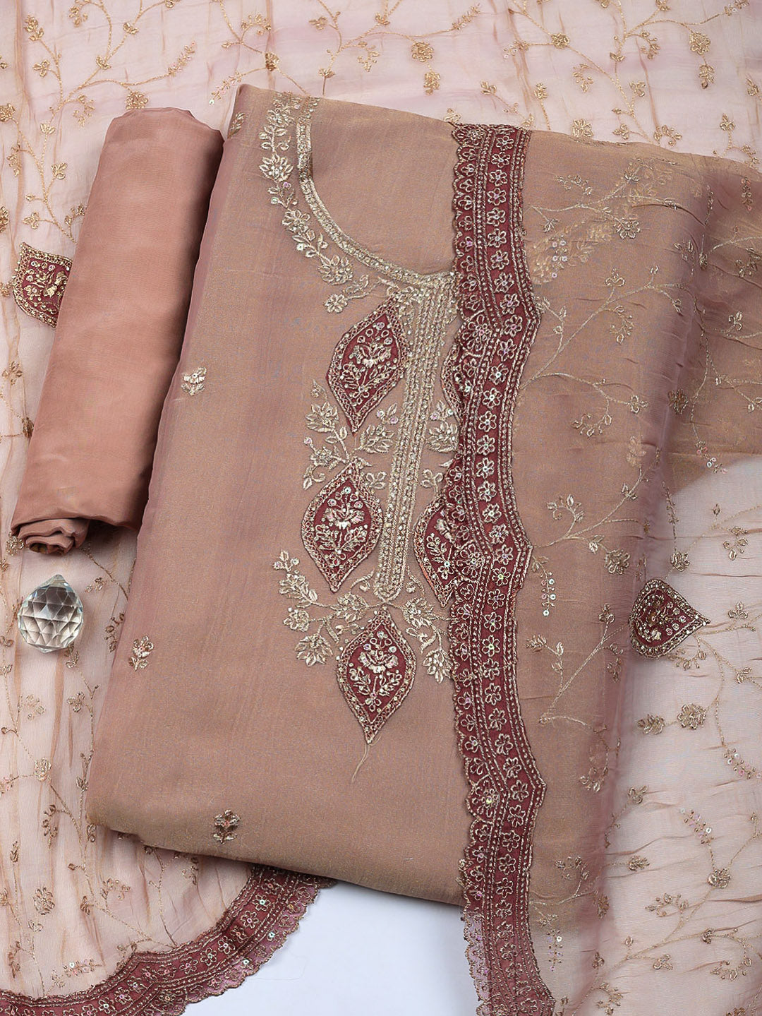 Embroidered Tissue Unstitched Suit With Pant &amp; Dupatta