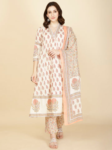 Floral Block Printed Cotton Kurta With Pants & Dupatta