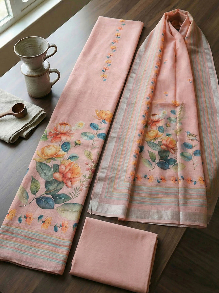 Printed Linen Blend Unstitched Suit With Pant &amp; Dupatta