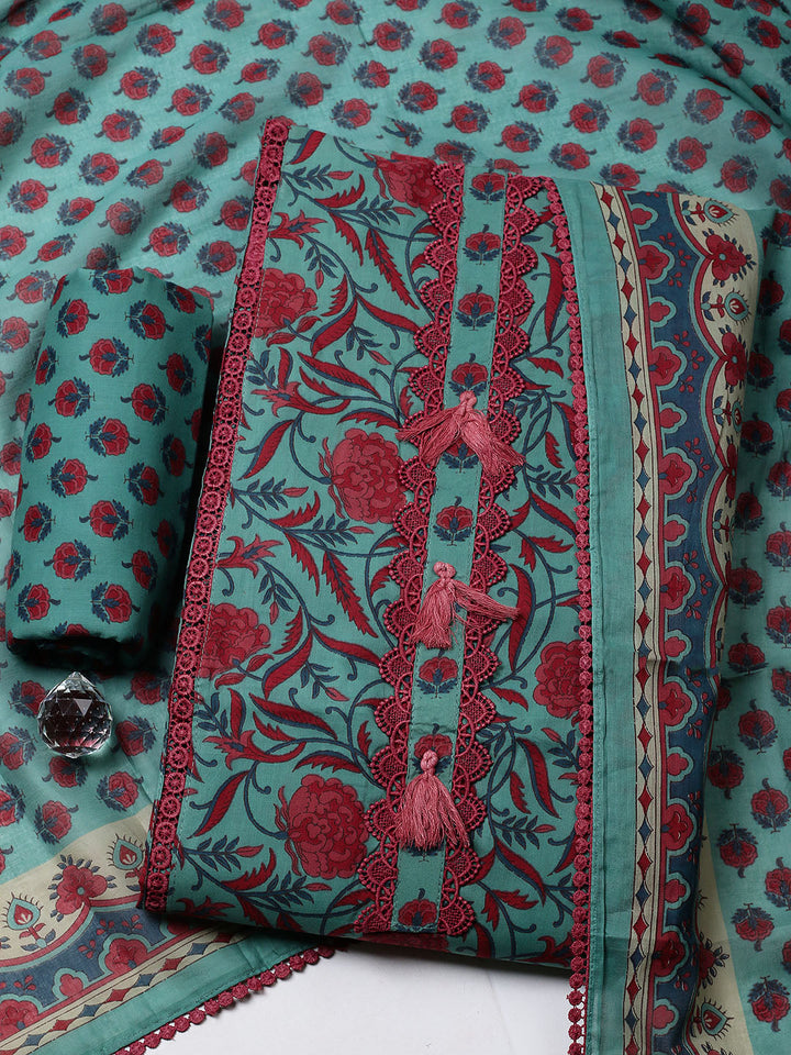Embroidered Cotton Blend Unstitched Suit With Pant &amp; Dupatta