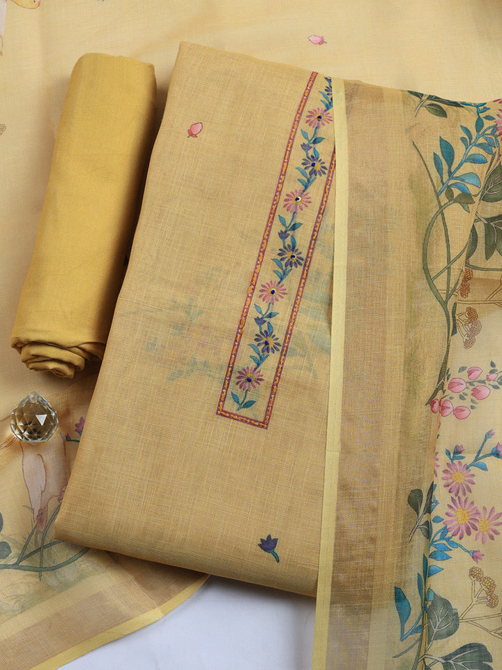 Printed Linen Blend Unstitched Suit With Pant &amp; Dupatta