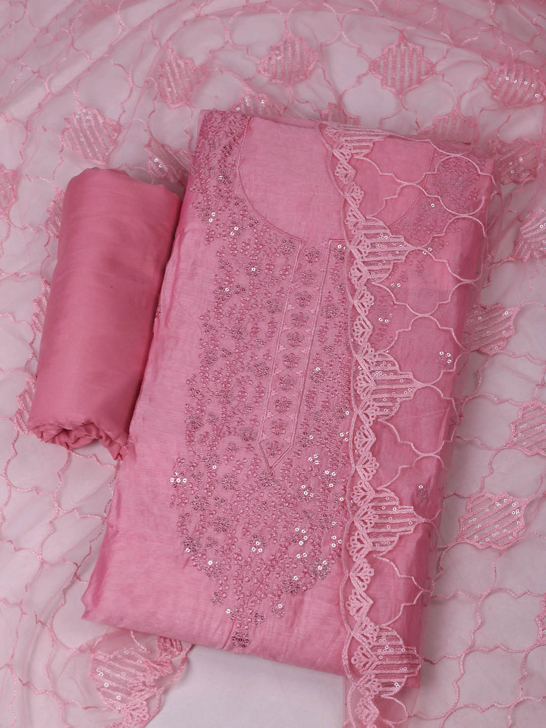 Embroidered Chanderi Unstitched Suit With Pant &amp; Dupatta