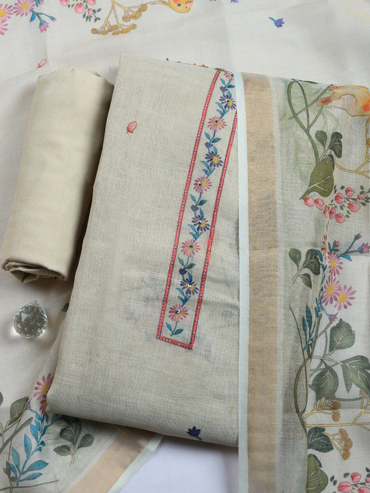 Printed Linen Blend Unstitched Suit With Pant &amp; Dupatta
